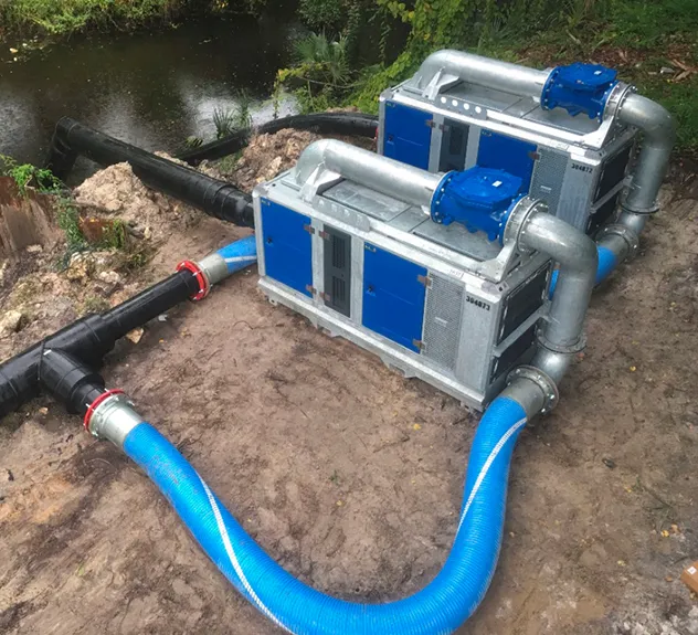 A photo of a BA300E 12-inch diesel driven vac assist bypass pumps BBA Pumps on site