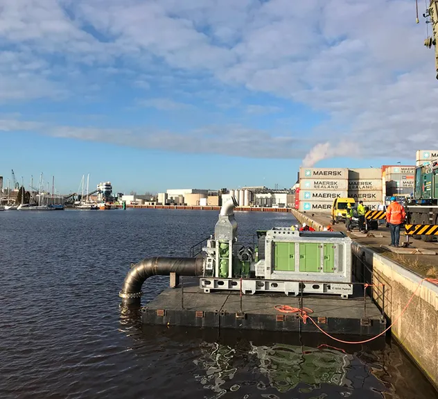 A photo of a BA500G D675 diesel driven flood pump on a pontoon