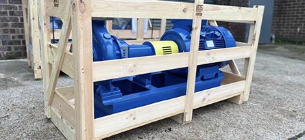 A photo of a centrifugal pump in a crate